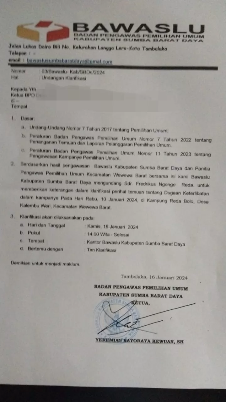 Dua Pengurus BPD Dikabupaten Sumba Barat Daya Dapat Surat Panggilan dari Bawaslu