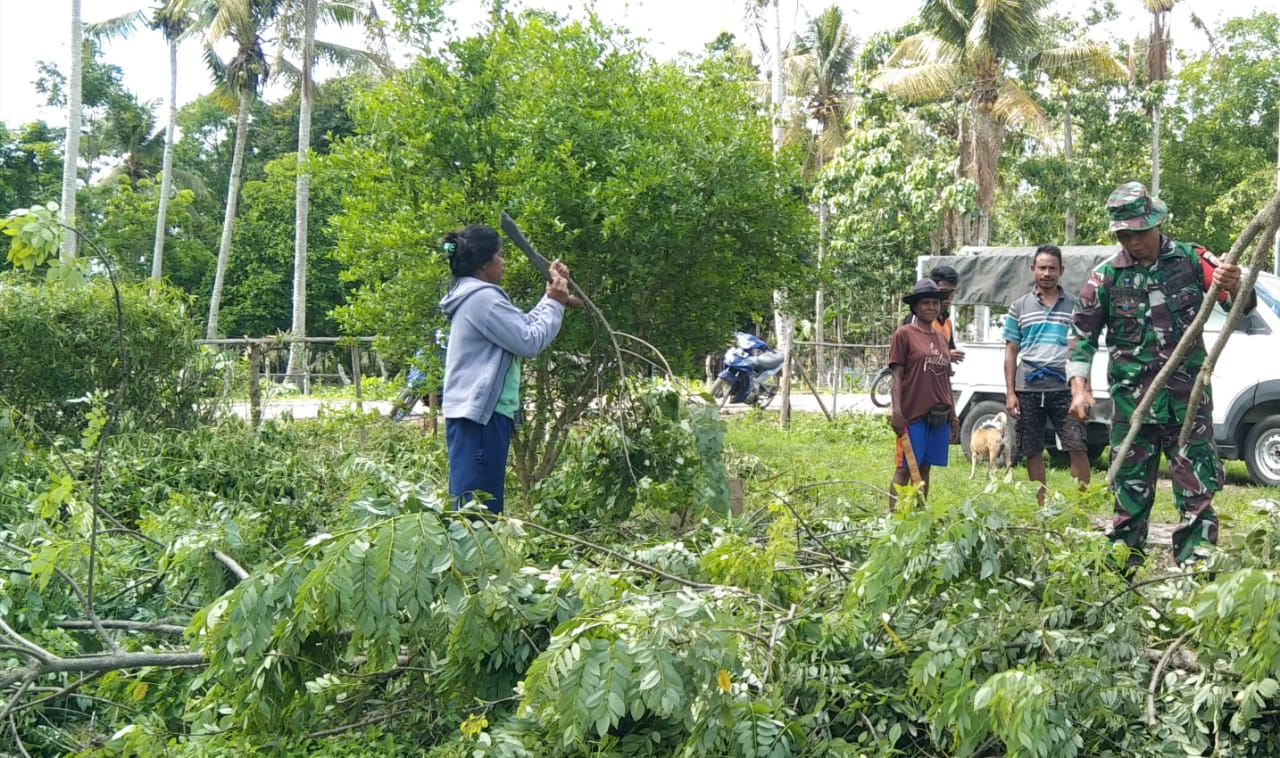 Babinsa Lewa Kerja Bakti Bersihkan Ranting dan Pohon Di Sekitar Kantor Kecamatan Letis
