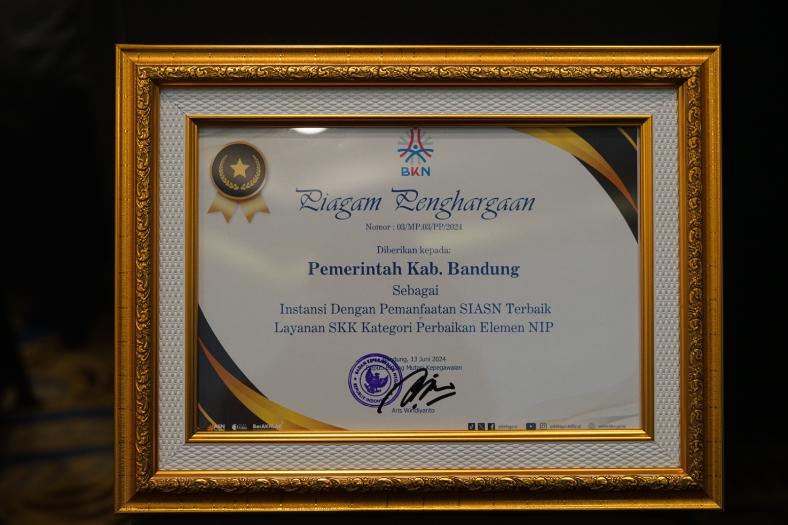 Optimal Manfaatkan Layanan SKK, Kabupaten Bandung Raih Penghargaan dari BKN RI