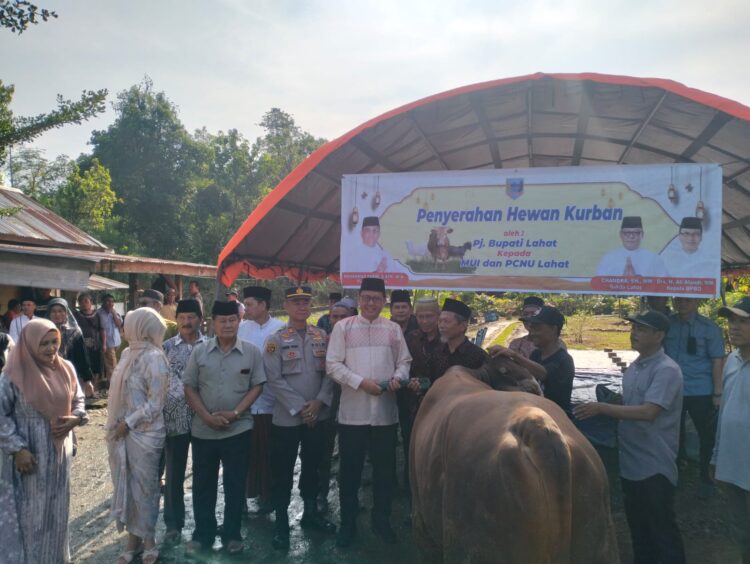 Pj. Bupati Serahkan Langsung Hewan Koban Ke MUI dan PCNU Kab Lahat di Desa Muarasiban