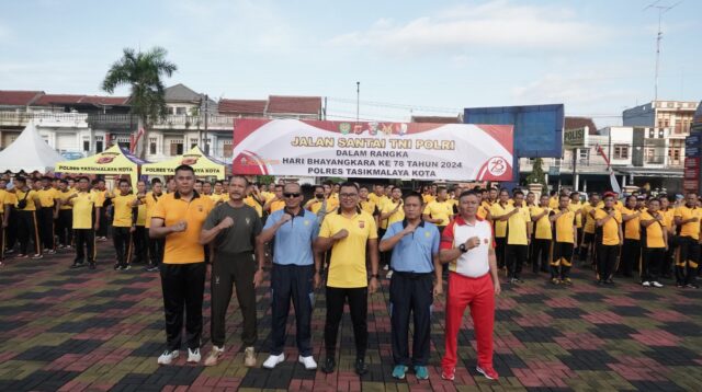 Semarak Hari Bhayangkara ke 78 Polres Tasik Kota, dengan Jalan Santai dan Olah Raga Bersama TNI-Polri,Berlangsung Meriah