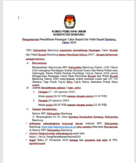 Pengumuman Pendaftaran Pasangan Calon Bupati Dan Wakil Bupati Bandung Tahun 2024