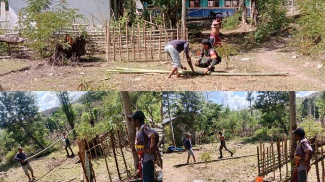 Membaur Dengan Masyarakat, Babinsa Tabundung Ikut Kerja Bakti Pembuatan Pagar Sekolah SD Waturara