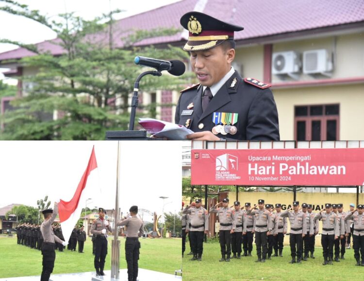 Kapolres Bireuen Pimpin Upacara Ziarah TMP, Peringatan Hari Pahlawan 2024 Bireuen - Kapolres Bireuen AKBP Jatmiko, S.H., M.H., memimpin upacara Ziarah Taman Makam Pahlawan (TMP) Kolonel (Purn) Husein Yusuf dan Letda (Purn) Ummi Salmah, yang terletak di Desa Geulumpang Payong Kecamatan Jeumpa Bireuen Upacara Ziarah TMP tersebut digelar dalam rangka peringatan Hari Pahlawan Tahun 2024, Minggu 10 Novemver 2024 Upacara tersebut turut dihadiri Unsur Forkopimda, Kepala SKPK, Pju Polres Bireuen, Jajaran TNI - Polri dan Satpol PP/WH Dalam Upacara Ziarah Makam Pahlawan tersebut, Kapolres Bireuen dan Rombongan turut melaksanakan Penaburan Bunga dan Peyiraman Air suci Tema pada peringatan Hari Pahlawan Tahun ini adalah " Teladani Pahlawanmu, Cintai Negerimu"