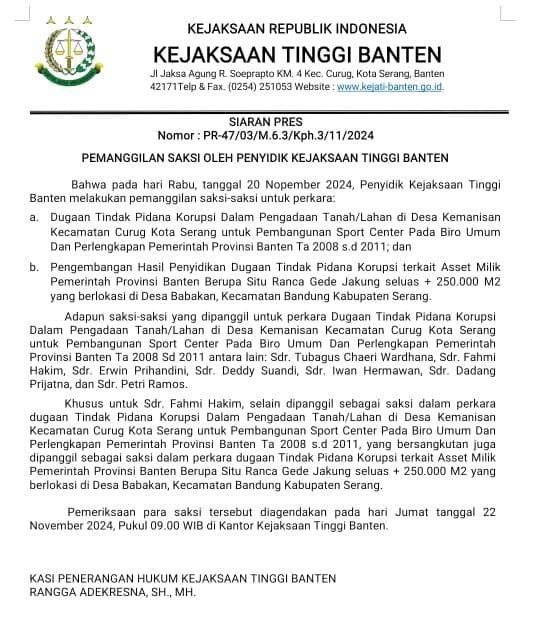 Kejaksaan Tinggi Banten Layangkan Surat Pemanggilan Saksi Terkait Dugaan Korupsi Lahan Sport Center
