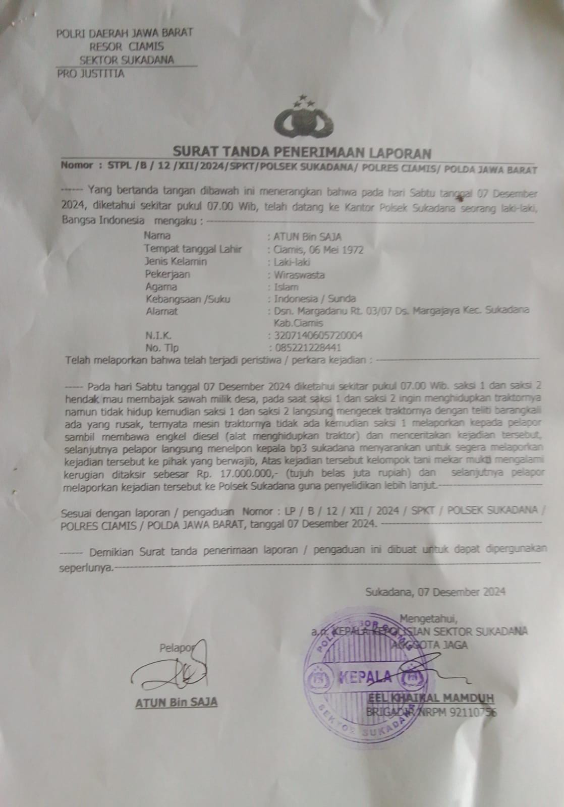 Mesin Traktor Bantuan Dinas Pertanian Kabupaten Ciamis Hilang, Kelompok Tani Mekar Mukti Rugi Belasan Juta Rupiah