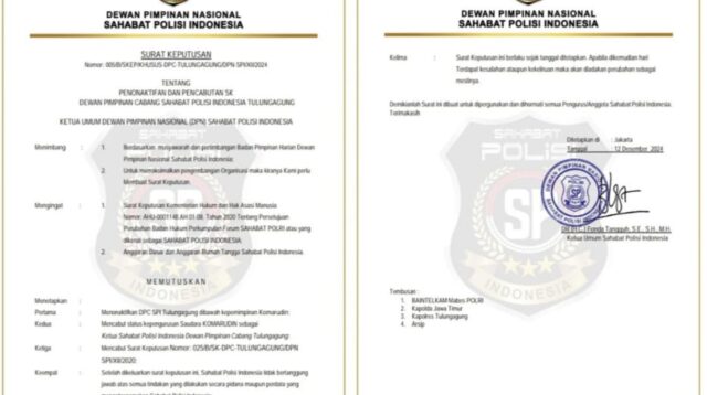 Terkait Oknum Sahabat Polisi Indonesia Terlibat Sindikat Mafia Solar Subsidi di Jawa Timur, Fonda Tangguh: Silahkan Proses Hukum Tidak ada Sangkutan Dengan SPI JAKARTA - Terkait oknum Sahabat Polisi jadi tersangka sendikat mafia solar bersubsidi terbesar di Jawa Timur. ketua Umum Sahabat Polisi Indonesia, Fonda Tangguh angkat bicara pada Kamis (12/12/2024). Dari pengembangan polres Jombang akirnya terbongkar gudang solar bersubsidi, tepatnya di jalan Trunojoyo Kedungwaru Ngujang Kabupaten Tulungagung, milik oknum yang mengatasnamakan (Sahabat Polisi Indonesia). Fonda Tangguh memberi klarifikasi dan mendukung Kepolisian Polres Jombang memproses hukum oknum yang mengatasnamakan SPI. “Saya sebagai ketum SPI sangat menyayangkan adanya tindak pidana yang dilakukan oleh ketua DPC SPI Tulung agung,” ujar keras Fonda. Dimana dalam setiap pertemuan saya mengarahkan kepada semua jajaran untuk tidak melakukan tindak pidana jenis apapun. “Karena sesuai dengan moto sahabat polisi bahwa SPI hadir untuk edukasi kepada masyarakat sebagai mitra dari pada kepolisian,” katanya. Saat saya mendengarkan adanya tindak pidana adanya oknum SPI melakukan hal yang melanggar kode etik Sahabat Polisi sesuai Visi dan Misi saya langsung memberhentikan. “Iya benar saya sudah berhentikan, karena ini sangat memalukan dan mencoreng nama baik Sahabat Polisi Indonesia,” tegas Fonda. SURAT KEPUTUSAN Nomor: 005/B/SKEP/KHUSUS-DPC-TULUNGAGUNG/DPN-SPI/XII/2024 TENTANG PENONAKTIFAN DAN PENCABUTAN SK DEWAN PIMPINAN CABANG SAHABAT POLISI INDONESIA TULUNGAGUNG KETUA UMUM DEWAN PIMPINAN NASIONAL (DPN) SAHABAT POLISI INDONESIA Menimbang : 1. Berdasarkan musyawarah dan pertimbangan Badan Pimpinan Harian Dewan Pimpinan Nasional Sahabat Polisi Indonesia; 2. Untuk memaksimalkan pengembangan Organisasi maka kiranya Kami perlu Membuat Surat Keputusan. Mengingat : 1. Surat Keputusan Kementerian Hukum dan Hak Asasi Manusia Nomor: AHU-0001148.AH.01.08. Tahun 2020 Tentang Persetujuan Perubahan Badan Hukum Perkumpulan Forum SAHABAT POLRI atau yang dikenal sebagai SAHABAT POLISI INDONESIA; 2. Anggaran Dasar dan Anggaran Rumah Tangga Sahabat Polisi Indonesia. M E M U T U S K A N Menetapkan : Pertama : Menonaktifkan DPC SPI Tulungagung dibawah kepemimpinan Komarudin; Kedua : Mencabut status kepengurusan Saudara KOMARUDIN sebagai Ketua Sahabat Polisi Indonesia Dewan Pimpinan Cabang Tulungagung; Ketiga : Mencabut Surat Keputusan Nomor: 025/B/SK-DPC-TULUNGAGUNG/DPN SPI/XII/2020; Keempat : Setelah dikeluarkan surat keputusan ini, Sahabat Polisi Indonesia tidak bertanggung jawab atas semua tindakan yang dilakukan secara pidana maupun perdata yang mengatasnamakan Sahabat Polisi Indonesia;