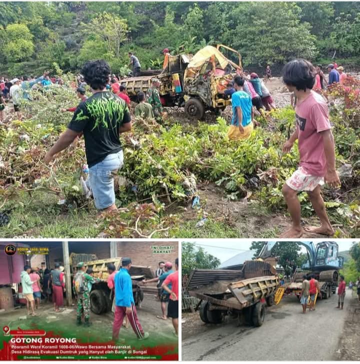 Danposramil Wera Pimpin Evakuasi Mobil Dum Truk Terseret Banjir di Sungai