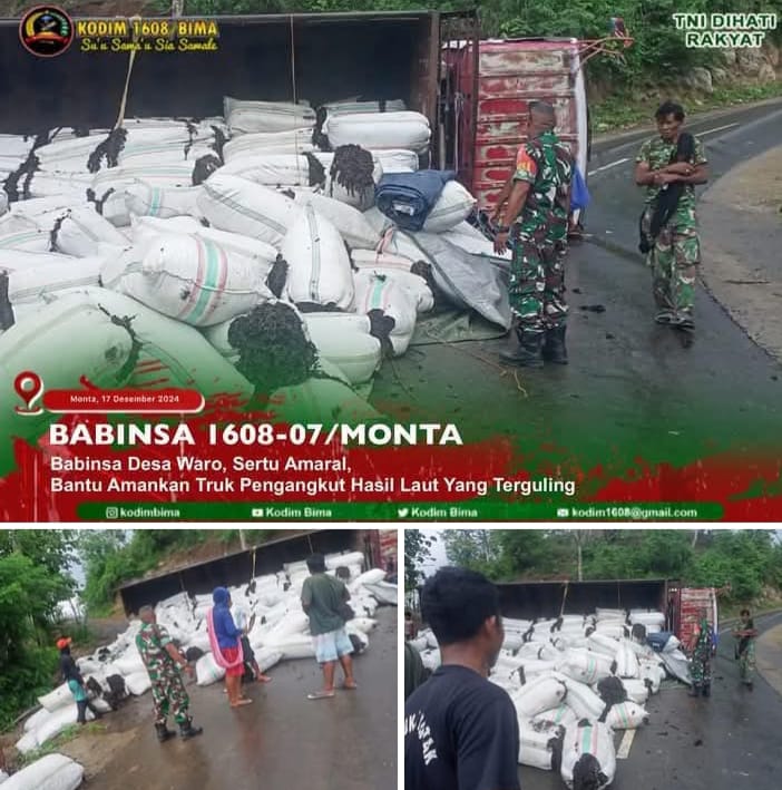 Babinsa Koramil 1608-07/Monta Bantu Evakuasi Truk Fuso Terguling di Tanjakan Wai Kancio,