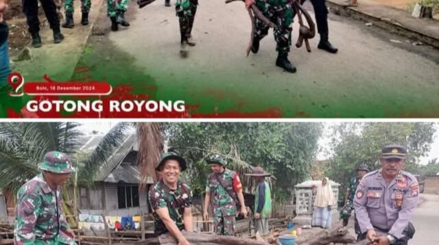 Banjir Melanda Perkampungan, Danramil 1608-02/Bolo Pimpin Gotong Royong Bersihkan Sampah