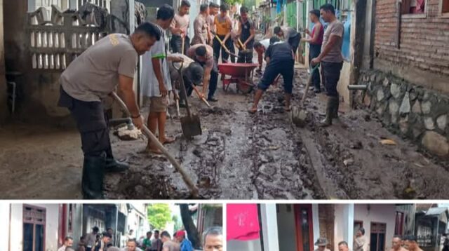 Kapolsek Rasbar Pimpin Gotong Royong Pembersihan Jalan dan Rumah Warga Korban Banjir