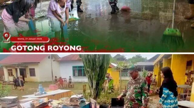 Wadanramil 1608-07/Monta Pimpin Gotong Royong Bersihkan Gedung Sekolah Terdampar Banjir Di Desa Sakuru