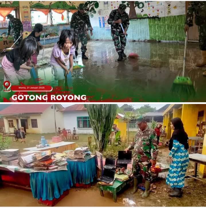 Wadanramil 1608-07/Monta Pimpin Gotong Royong Bersihkan Gedung Sekolah Terdampar Banjir Di Desa Sakuru Wadanramil 1608-07/Monta Pimpin Gotong Royong Bersihkan Gedung Sekolah Terdampar Banjir Di Desa Sakuru