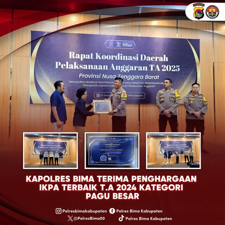 Kapolres Bima Terima Penghargaan IKPA Terbaik T.A. 2024 Kategori Pagu Besar