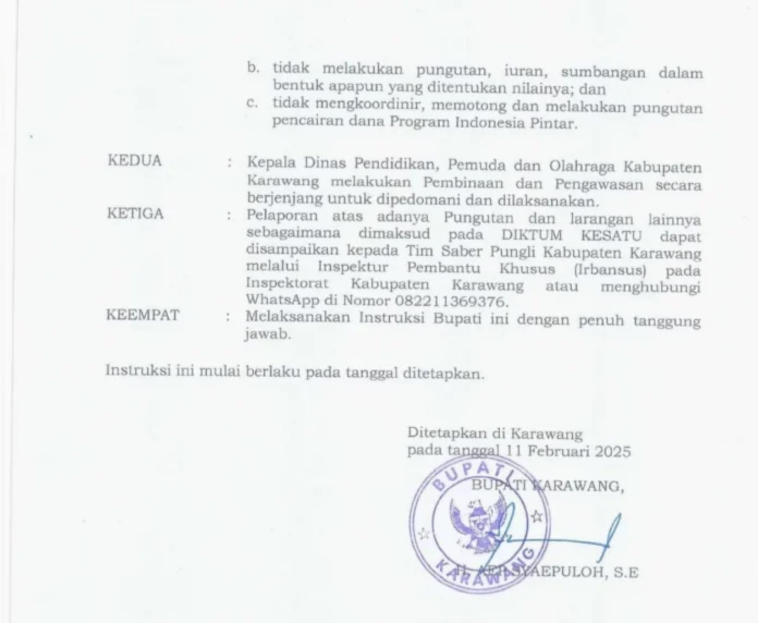 Bupati Karawang H. Aep Saepulloh, SE. Larang Pihak Sekolah Melakukan Pungutan