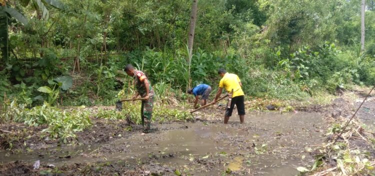 Menggunakan Cangkul, Babinsa Tabundung Bantu Petani Mengolah Sawah Di Desa Billa