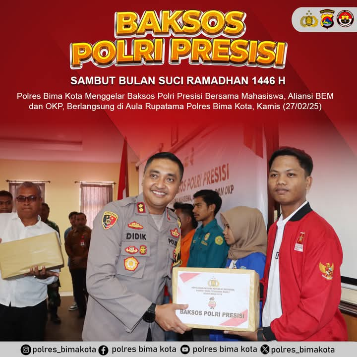 Sambut Ramadhan 1446 H, Polres Bima Kota Gelar Baksos Polri Presisi Bersama BEM dan OKP