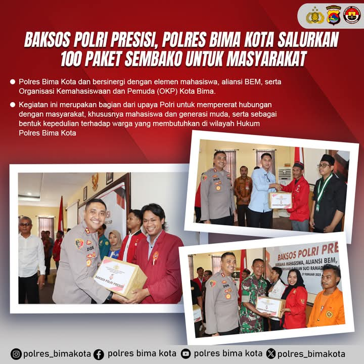 Sambut Ramadhan 1446 H, Polres Bima Kota Gelar Baksos Polri Presisi Bersama BEM dan OKP