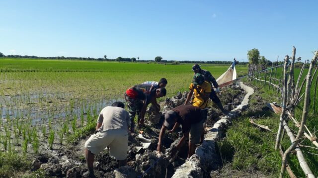 Masyarakat Desa Kaliuda Bantu Pasang Batu Pondasi Irigasi Program TMMD ke-123