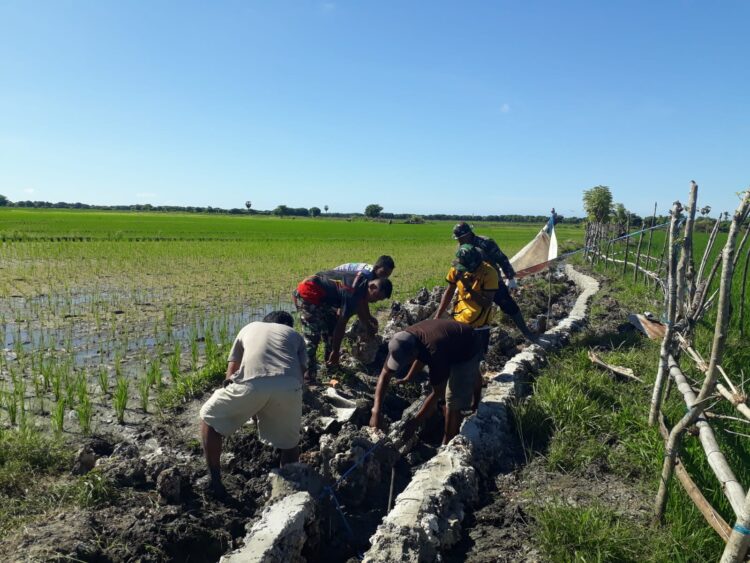 Masyarakat Desa Kaliuda Bantu Pasang Batu Pondasi Irigasi Program TMMD ke-123