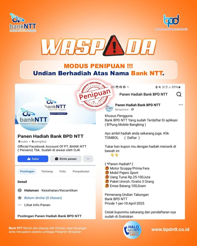 Waspada! Penipuan Berhadiah Mengatasnamakan Bank NTT Marak di Medsos