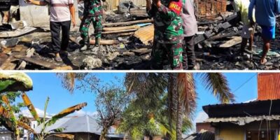 Koramil 1608-04/Woha Gotong Royong Bersihkan Puing-Puing Sisa Kebakaran di Talabiu