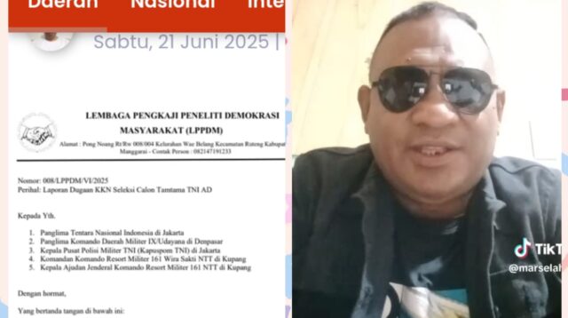 Danrem 161/Wira Sakti minta pertanggungjawaban Ketua LSM LPPDM atas Tuduhan KKN pada Seleksi Cata PK TNI AD Gel II Th 2025 SERGAP.CO.ID NTT,||Apa yang disampaikan Ketua LSM LPPDM Marselus N Ahang, 48 th, pekerjaan Wira swasta, alamat Desa Waebelang, Keanatan Ruteng, Kabupaten Manggarai terkait dugaan KKN seleksi Cata PK TNI AD Gel II Th 2025 adalah tuduhan yang tidak sesuai dengan fakta dan data di lapangan. Demikian Danrem 161/Wira Sakti Brigjen TNI Joao Xavier Barreto Nunes,S.E., M.M menanggapi berita viral di tik tok @marselahang dan media online obortimur.com melalui telepon seluler, Rabu (25/6/2025) Danrem 161/Wira Sakti Brigjen TNI Joao Xavier Barreto Nunes, S.E.,M.M menyampaikan bahwa berita viral di tik tok @marselahang dan media online obortimur.com dengan judul : LSM LPPDM laporkan dugaan KKN dalam seleksi Tamtama TNI AD di NTT,minta Panglima TNI copot Pejabat Korem 161/Wira Sakti adalah berita yang tidak benar dan sangat merugikan Korem 161/Wira Sakti. "Apa yang Marselus N Ahang sampaikan itu tidak benar sama sekali, tentunya hal tersebut akan mempunyai konsekuensi hukum yang sangat serius atas pernyataannya," tegas Danrem 161/Wira Sakti. Usut punya usut ternyata anak dari Marselus N Ahang ini yaitu Fransiskus Gego Bumiral Ahang, ikut pada seleksi ini dengan Nomor Panda : 161.04276/CATA II/2025 dinyatakan tidak lulus. Hal tersebut tertuang pada Surat Ketua Panda Kupang Nomor : B/975/VI/2025 tgl 19 Juni 2025 tentang pemberitahuan hasil pemeriksaan/pengujian calon tamtama PK TNI AD Gel II Tahun 2025 Panda Kupang yang ditujukan kepada Fransiskus Gego Bumiral Ahang yang menyatakan tidak lulus/tidak terpilih karena tidak memenuhi syarat kesehatan: IV (U4 Fistula Preakular ,L4 Buta Warna Parsial.) Danrem 161/Wira Sakti menambahkan bahwa apa yang disampaikan oleh Marselus N Ahang dengan apa yang disampaikan oleh anaknya Fransiskus Gego Bumiral Ahang adalah sangat berbeda. Menurut keterangan dari anak kandung dari Marselus N. Ahang yaitu Fransiskus Gego Bumiral Ahang yang dihubungi via telepon WhatsApp pada Selasa tanggal 24 Juni 2025 pukul 23.43 menyampaikan bahwa dirinya tidak pernah dinyatakan lulus oleh panitia seleksi calon siswa Cata Gel. II tahun 2025. "Saya tidak pernah menaiki truk milik TNI - AD (milik KOREM 161/WS) yang membawa peserta calon Cata Gel. II tahun 2025 yang menuju pelabuhan Tenau Kupang dan tidak pernah namanya dinyatakan lulus oleh panitia seleksi, baik itu pengumuman resmi di Makorem 161/WS maupun di pelabuhan Tenau Kupang," jelas Fransiskus Gego Bumiral Ahang. Jadi apa yang disampaikan oleh Fransiskus Gego Bumiral Ahang dengan apa yang di sampaikan oleh Marselinus N Ahang adalah berbeda. "Di samping itu juga, dari panitia seleksi calon siswa Cata Gel. II tahun 2025 hanya menyampaikan satu kali pengumuman kelulusan yaitu di Makorem 161/Wura Sakti."Tegas Danrem. Di akhir pernyataannya, Danrem 161/Wira Sakti meminta Ketua LSM LPPDM untuk bertanggungjawab atas hal ini. "Saya minta Marselus N. Ahang wajib sifatnya melakukan press release media online/media sosial dan video pernyataan permohonan maaf kepada TNI-AD atas perilakunya yang menuduh panitia seleksi Cata Gel. II tahun 2025 syarat dengan KKN (Korupsi, Kolusi dan Nepotisme)," pungkas Danrem 161/Wira Sakti.(**) (Ss)