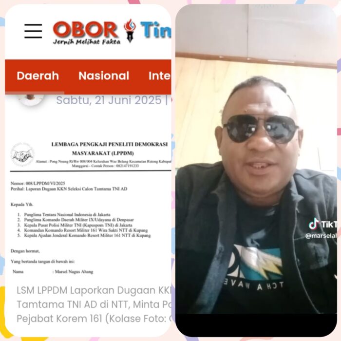 Danrem 161/Wira Sakti minta pertanggungjawaban Ketua LSM LPPDM atas Tuduhan KKN pada Seleksi Cata PK TNI AD Gel II Th 2025 SERGAP.CO.ID NTT,||Apa yang disampaikan Ketua LSM LPPDM Marselus N Ahang, 48 th, pekerjaan Wira swasta, alamat Desa Waebelang, Keanatan Ruteng, Kabupaten Manggarai terkait dugaan KKN seleksi Cata PK TNI AD Gel II Th 2025 adalah tuduhan yang tidak sesuai dengan fakta dan data di lapangan. Demikian Danrem 161/Wira Sakti Brigjen TNI Joao Xavier Barreto Nunes,S.E., M.M menanggapi berita viral di tik tok @marselahang dan media online obortimur.com melalui telepon seluler, Rabu (25/6/2025) Danrem 161/Wira Sakti Brigjen TNI Joao Xavier Barreto Nunes, S.E.,M.M menyampaikan bahwa berita viral di tik tok @marselahang dan media online obortimur.com dengan judul : LSM LPPDM laporkan dugaan KKN dalam seleksi Tamtama TNI AD di NTT,minta Panglima TNI copot Pejabat Korem 161/Wira Sakti adalah berita yang tidak benar dan sangat merugikan Korem 161/Wira Sakti. "Apa yang Marselus N Ahang sampaikan itu tidak benar sama sekali, tentunya hal tersebut akan mempunyai konsekuensi hukum yang sangat serius atas pernyataannya," tegas Danrem 161/Wira Sakti. Usut punya usut ternyata anak dari Marselus N Ahang ini yaitu Fransiskus Gego Bumiral Ahang, ikut pada seleksi ini dengan Nomor Panda : 161.04276/CATA II/2025 dinyatakan tidak lulus. Hal tersebut tertuang pada Surat Ketua Panda Kupang Nomor : B/975/VI/2025 tgl 19 Juni 2025 tentang pemberitahuan hasil pemeriksaan/pengujian calon tamtama PK TNI AD Gel II Tahun 2025 Panda Kupang yang ditujukan kepada Fransiskus Gego Bumiral Ahang yang menyatakan tidak lulus/tidak terpilih karena tidak memenuhi syarat kesehatan: IV (U4 Fistula Preakular ,L4 Buta Warna Parsial.) Danrem 161/Wira Sakti menambahkan bahwa apa yang disampaikan oleh Marselus N Ahang dengan apa yang disampaikan oleh anaknya Fransiskus Gego Bumiral Ahang adalah sangat berbeda. Menurut keterangan dari anak kandung dari Marselus N. Ahang yaitu Fransiskus Gego Bumiral Ahang yang dihubungi via telepon WhatsApp pada Selasa tanggal 24 Juni 2025 pukul 23.43 menyampaikan bahwa dirinya tidak pernah dinyatakan lulus oleh panitia seleksi calon siswa Cata Gel. II tahun 2025. "Saya tidak pernah menaiki truk milik TNI - AD (milik KOREM 161/WS) yang membawa peserta calon Cata Gel. II tahun 2025 yang menuju pelabuhan Tenau Kupang dan tidak pernah namanya dinyatakan lulus oleh panitia seleksi, baik itu pengumuman resmi di Makorem 161/WS maupun di pelabuhan Tenau Kupang," jelas Fransiskus Gego Bumiral Ahang. Jadi apa yang disampaikan oleh Fransiskus Gego Bumiral Ahang dengan apa yang di sampaikan oleh Marselinus N Ahang adalah berbeda. "Di samping itu juga, dari panitia seleksi calon siswa Cata Gel. II tahun 2025 hanya menyampaikan satu kali pengumuman kelulusan yaitu di Makorem 161/Wura Sakti."Tegas Danrem. Di akhir pernyataannya, Danrem 161/Wira Sakti meminta Ketua LSM LPPDM untuk bertanggungjawab atas hal ini. "Saya minta Marselus N. Ahang wajib sifatnya melakukan press release media online/media sosial dan video pernyataan permohonan maaf kepada TNI-AD atas perilakunya yang menuduh panitia seleksi Cata Gel. II tahun 2025 syarat dengan KKN (Korupsi, Kolusi dan Nepotisme)," pungkas Danrem 161/Wira Sakti.(**) (Ss)