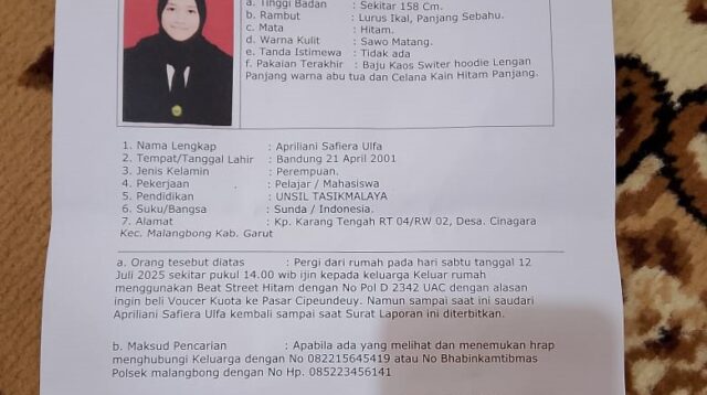 Mahasiswi Asal Garut Hilang Usai Pergi Beli Kuota, Keluarga Lapor Polisi