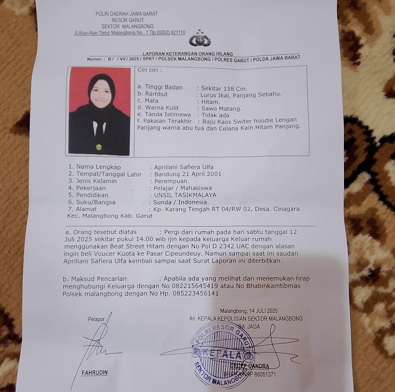 Mahasiswi Asal Garut Hilang Usai Pergi Beli Kuota, Keluarga Lapor Polisi