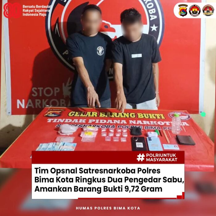 Tim Opsnal Satresnarkoba Polres Bima Kota Ringkus Dua Pengedar Sabu, Amankan Barang Bukti 9,72 Gram
