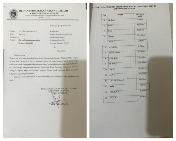 Miris, Inilah 15 Anggota Komisi III DPRD Ogan Ilir & Staf, Diduga Minta Baju Seragam ke OPD