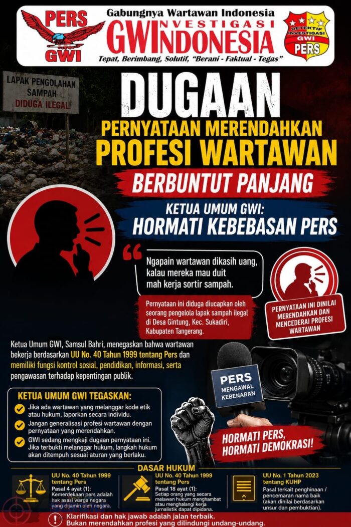 Dugaan Pernyataan Merendahkan Propesi Wartawan Berbuntut Panjang Ketua Umum GWI. Hormati Kebebasan Pers