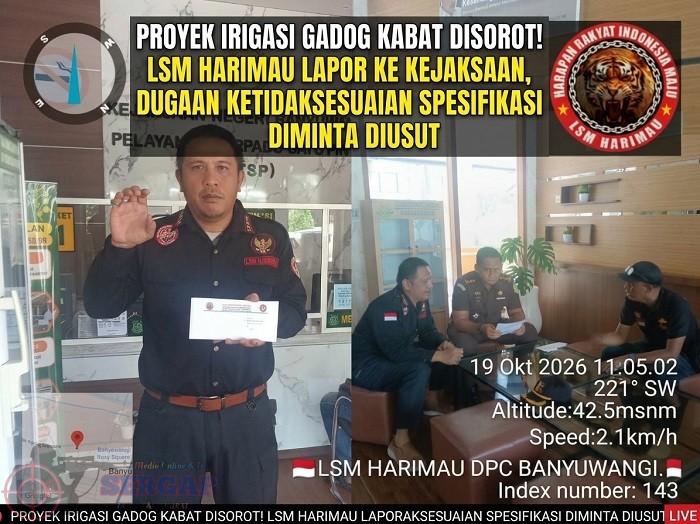 Buatkan gamabar Hedline Proyek Irigasi Gadog Kabat Disorot! Lsm Harimau Lapor Ke Kejaksaan, Dugaan Ketidaksesuaian Spesifikasi Diminta Diusut.